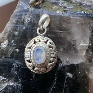 Antique Inspired Rainbow Moonstone Oval Pendant  (.5” x 1”) Sterling Silver 925